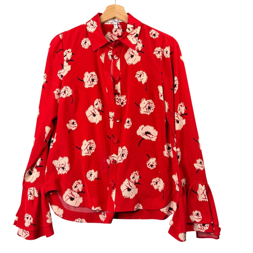 Derek Lam 10 Crosby Red Floral 100% Silk Blouse Ruffle Bell Sleeve Top Size 2